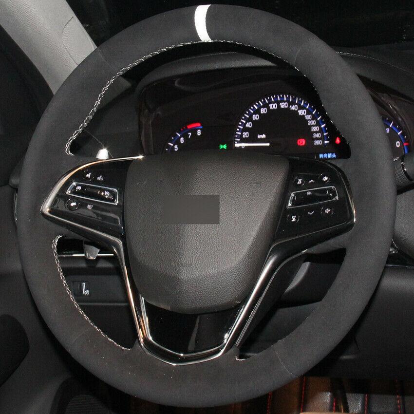 Black Suede DIY Hand-stitched Car Steering Wheel Cover for Cadillac ATS CTS-image-555562980