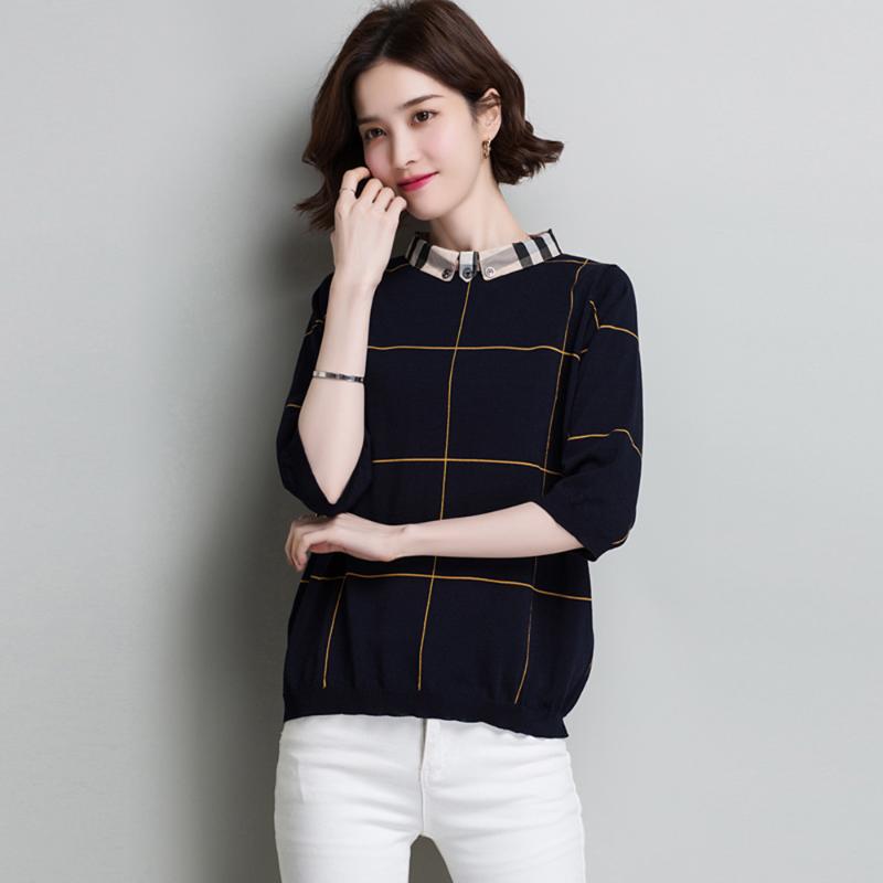 

Three-quarter Sleeves New Collar All-match Ice Sweater Short T-shirt 2020 Silk Plaid Fashion Lapel Thin Women's Rqffc, White;black