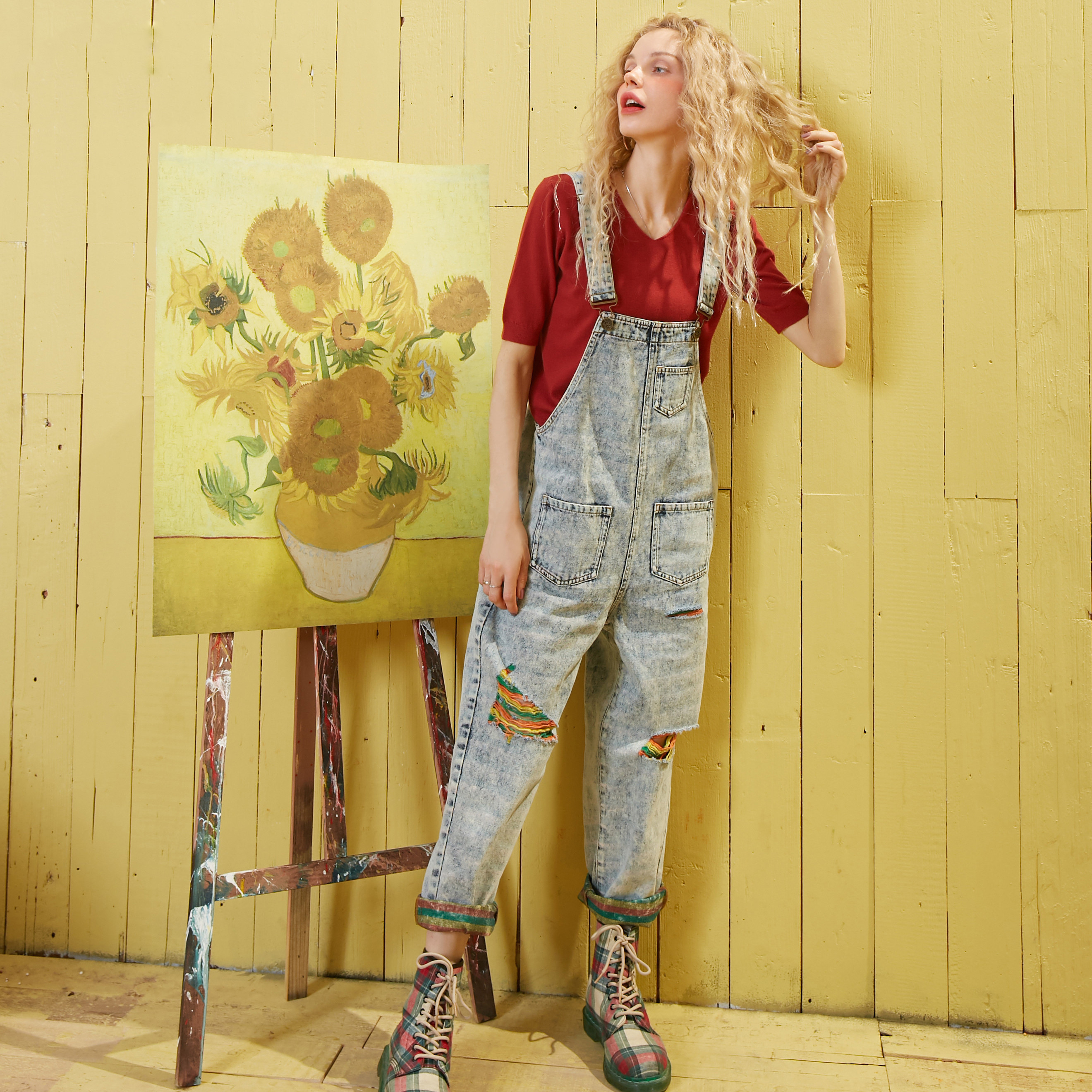 

Blue Colorful Ripped Washed Loose Casual Overall Jeans Women 2020 Spring Pocket Korean Ladies Jumpsuit Straight Pants