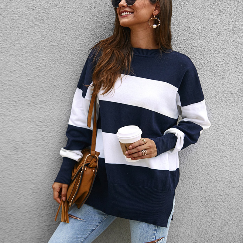 

Autumn and winter sweater large size women's  6XL 7XL 8XL 9XL round neck casual striped stitching sweater bust 146CM, Blue