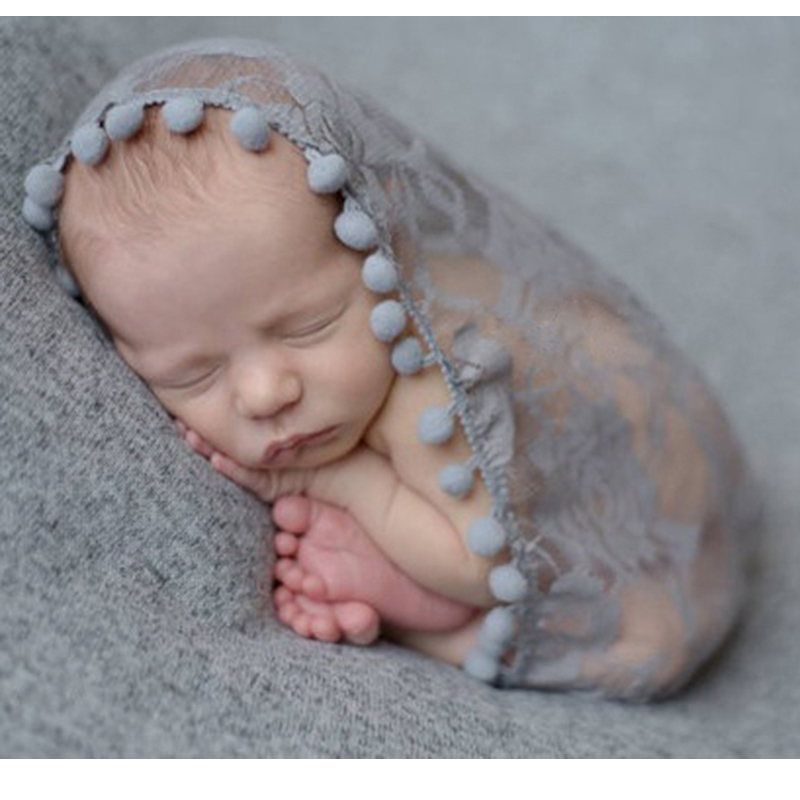 

Tassel Pompon Lace Baby Photography Props Lacy Flower Newborn Photography Wraps Infant Scarf Swaddling Photo Props Accessories, White