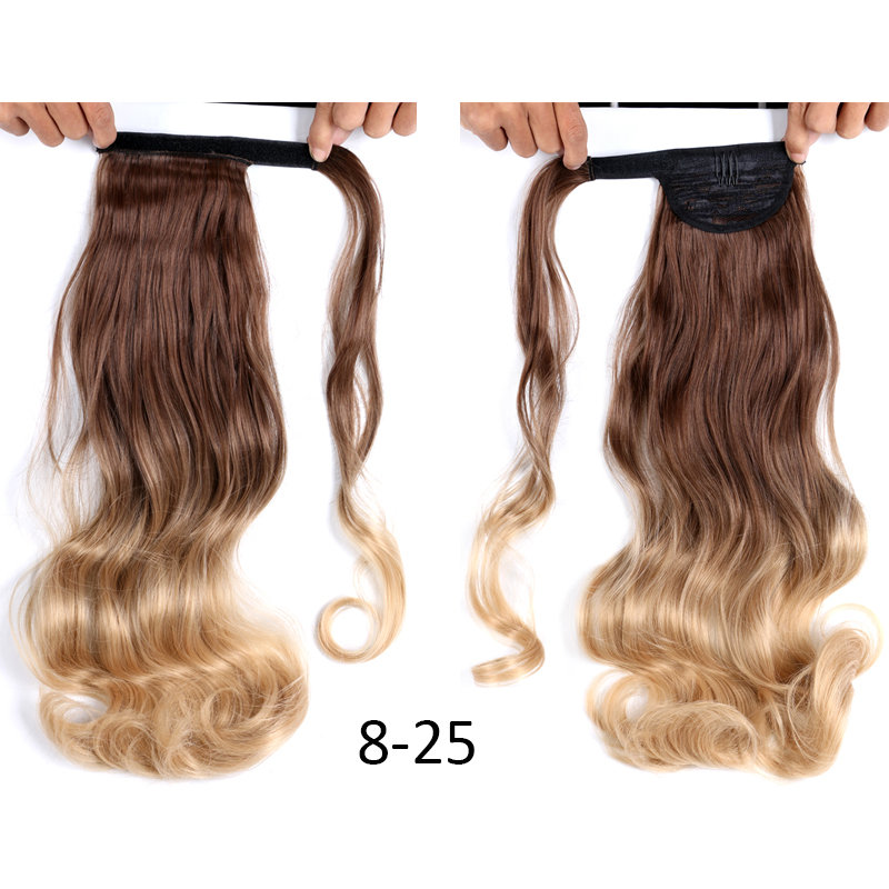 

Shang HAIR Synthetic Hairpiece Corn Wavy Long Ponytail Wrap on Clip Hair Extensions Ombre Brown Pony Tail Blonde Fack Hair, 12-25