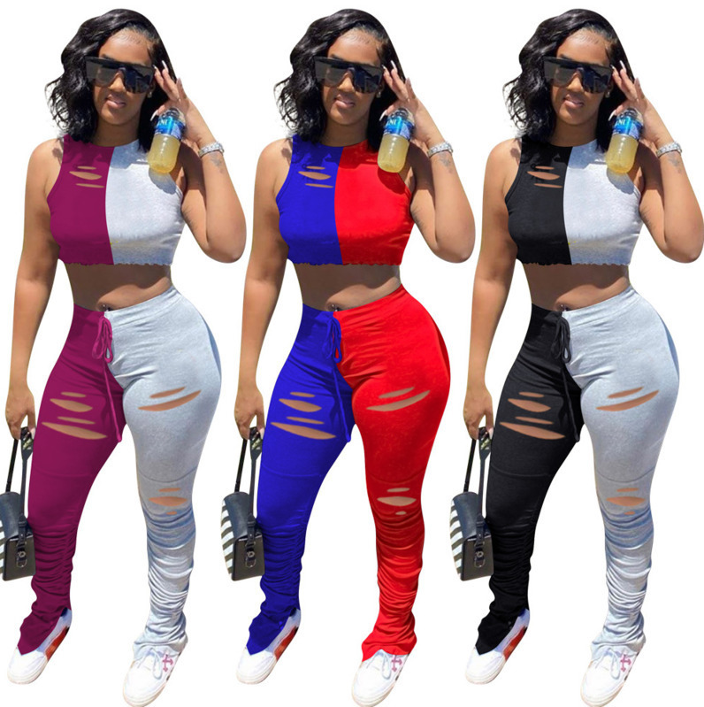 

Women Two Piece Shorts Set Fashion Pleated Split Stitching Hole Long Pant Casual Sports Club Designer Sleeveless Tops Jogging Suits 879, Black and gray