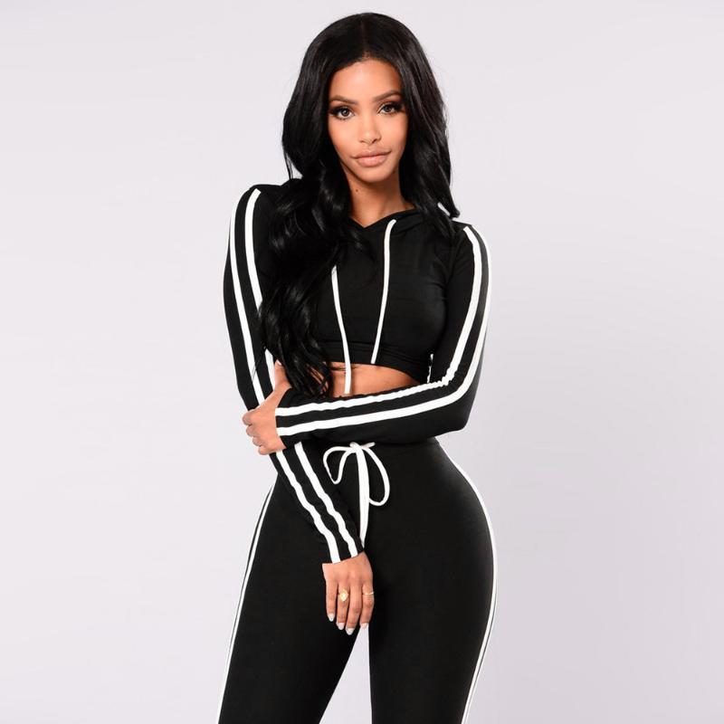 

2 pcs Yoga Set Crop Yoga Top And Gym Leggings Hatded Stripe Splicing Sports Wear For Women Gym Clothing Ropa Deportiva Mujer k2, Black