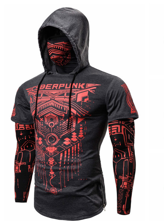 

E-Baihui 2021 Fitness Men's Fake Two-piece T-shirt Cyberpunk Ninja Suit Hooded Long-sleeved T-shirt Mask Riding 1815-G13, Gray