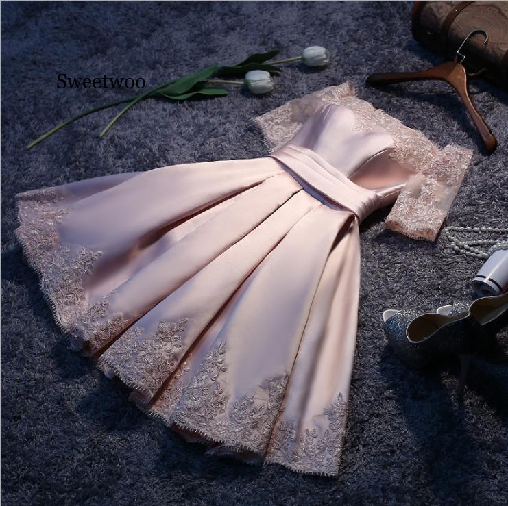 

Short 2020 Champange Color party Dresses Elegant Vestidos Party Satin Half sleeve Gown, Pink