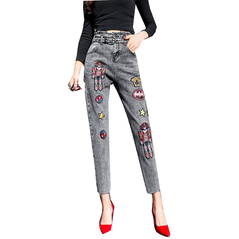 

Pencil High Waist Jeans Women Vintage Embroidery Badges Jeans Mujer Retro Stretch Denim Pants 2020 Gray Casual High Waist