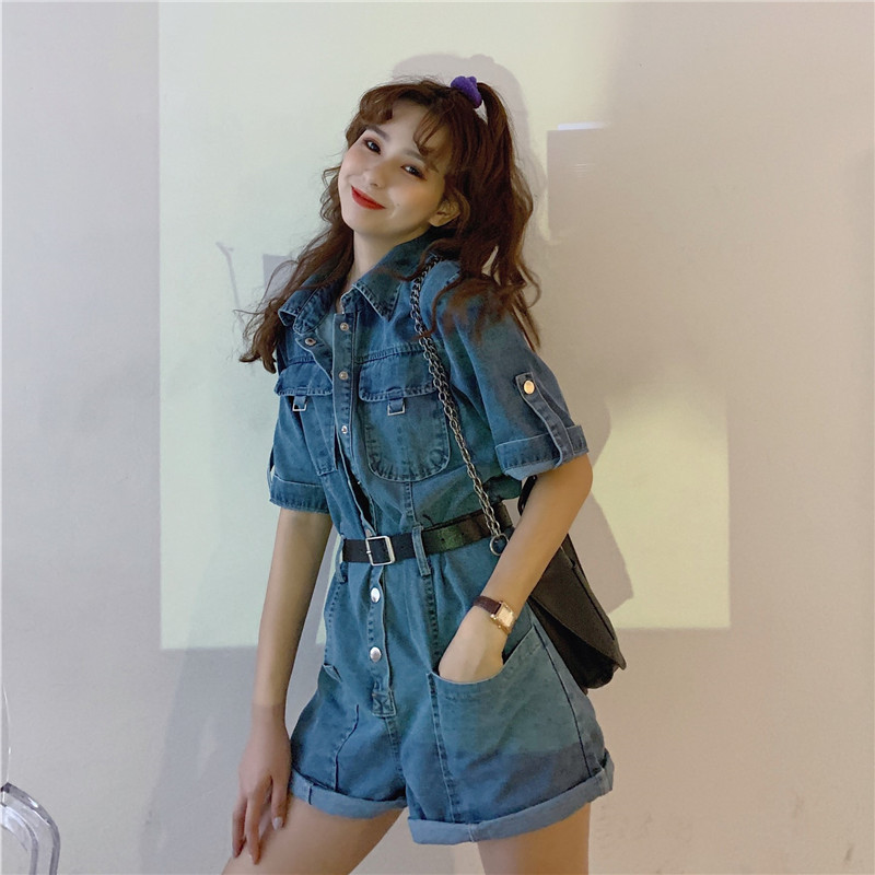 

2020 new Korean tooling denim jumpsuit women summer slim waist and wide-leg jumpsuit with belt pockets shorts overalls, Blue jumpsuit