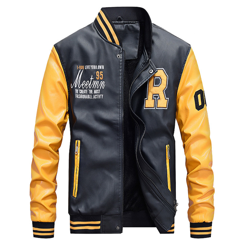 

Men Baseball Jacket Embroidered Leather Pu Coats Slim Fit College Fleece Luxury Pilot Jackets Men's Stand Collar Top Jacket Coat CX200801, Color 3