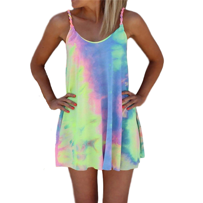 

Sexy Summer Sleeveless Slip Dress Women Strapless Tie Dye Print Loose A-line Sundress Casual Backless Holiday Beach Vestidos, As pic