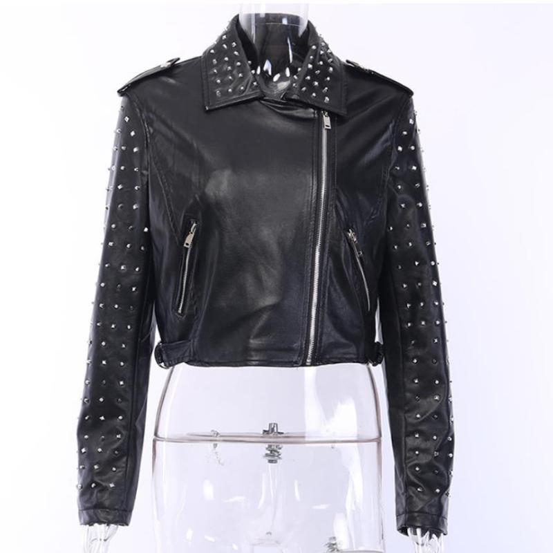

America style short rivet beading pu Leather Jacket female Turn-down collar Punk Rock Jackets pu leather coat F1081, Black