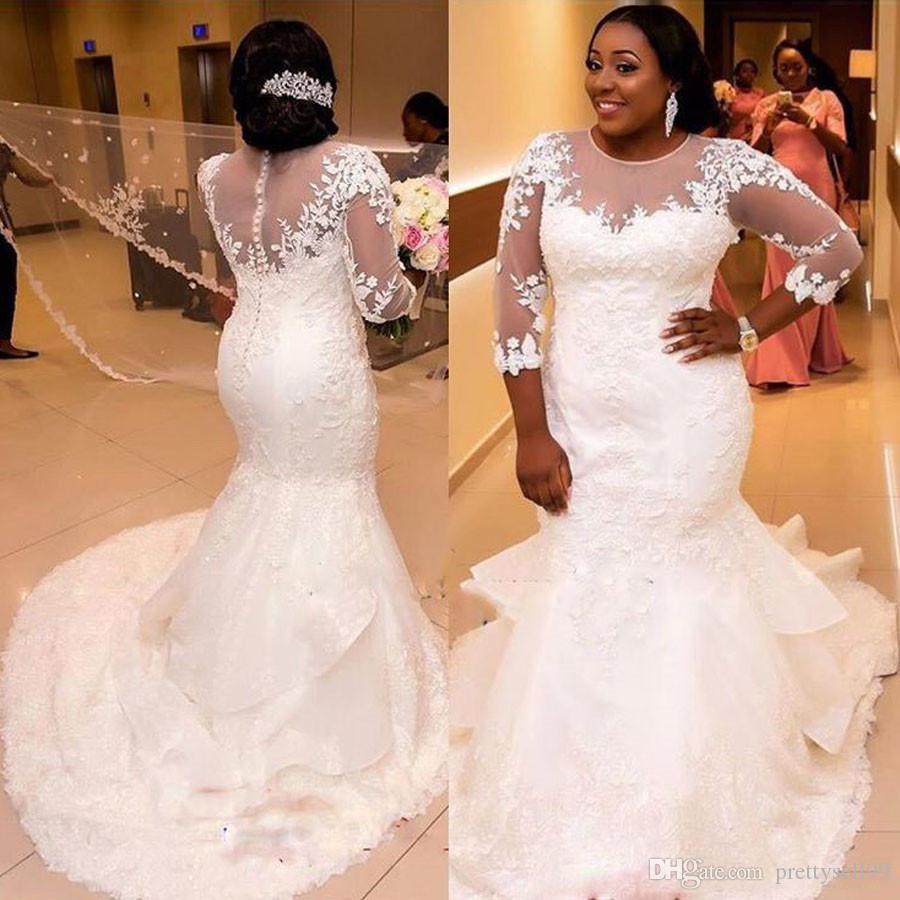 

Plus Size Lace Mermaid Wedding Dresses 2020 with Appliques 3/4 Long Sleeves Court Train Tulle Wedding Bridal Gowns, White