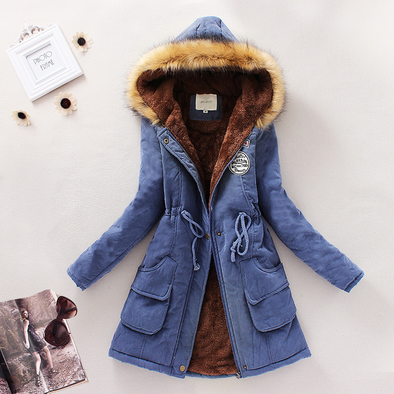 

Winter Women Down New Parkas Female Thicken Jacket Coat Long Faux Fur Hooded Slim Warm Overcoat Casual Fleece Inside S4597, Black