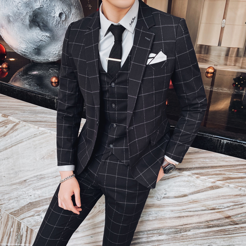 

Plaid Suit Men Three-piece Set Black Gray Dark Blue Men's Business Banquet Suits Size S-4XL Mens Blazers Jacket + Pants + Vest