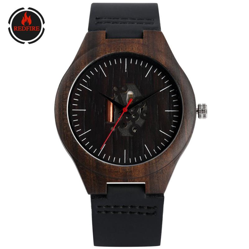 

REDFIRE Irregular Engraving Hollow Dial Ebony Wood Watch Men Quartz Movement Black Genuine Leather Mens Wristwatch Pin Buckle