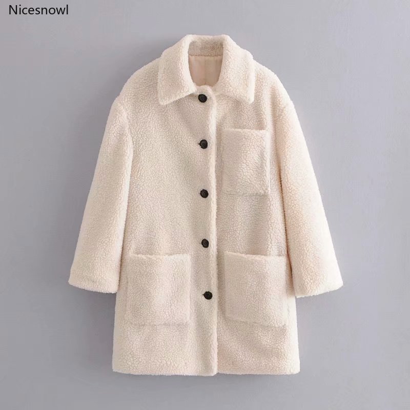

2020 Women Winter Coat Elegant Solid Lapel Loose Warm Female thick coat Blends Ladies white, Beige