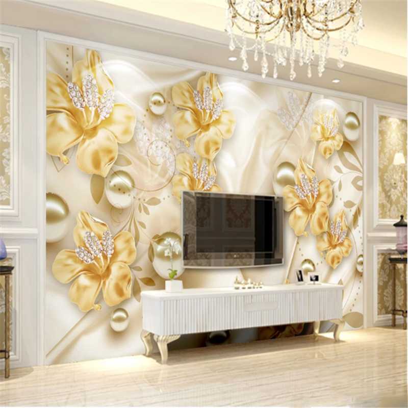 

Milofi custom large non-woven wallpaper mural European gold jewelry flower 3D TV background wall, Silk cloth