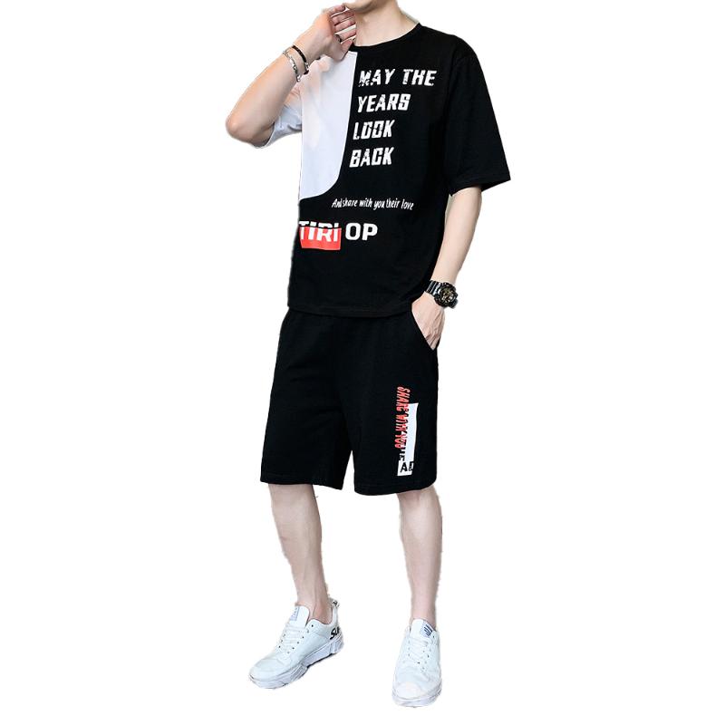 

Tshirt Set Men 2020 Summer Fashion Loose Casual 2pc Half Sleeve + Short men' high quality Breathable Sets Male Streetwear Hot, Black