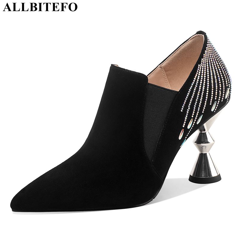 

ALLBITEFO Special shape heel genuine leather sexy high heels wedding women shoes women high heel shoes rhinestone woemn heels, As picture
