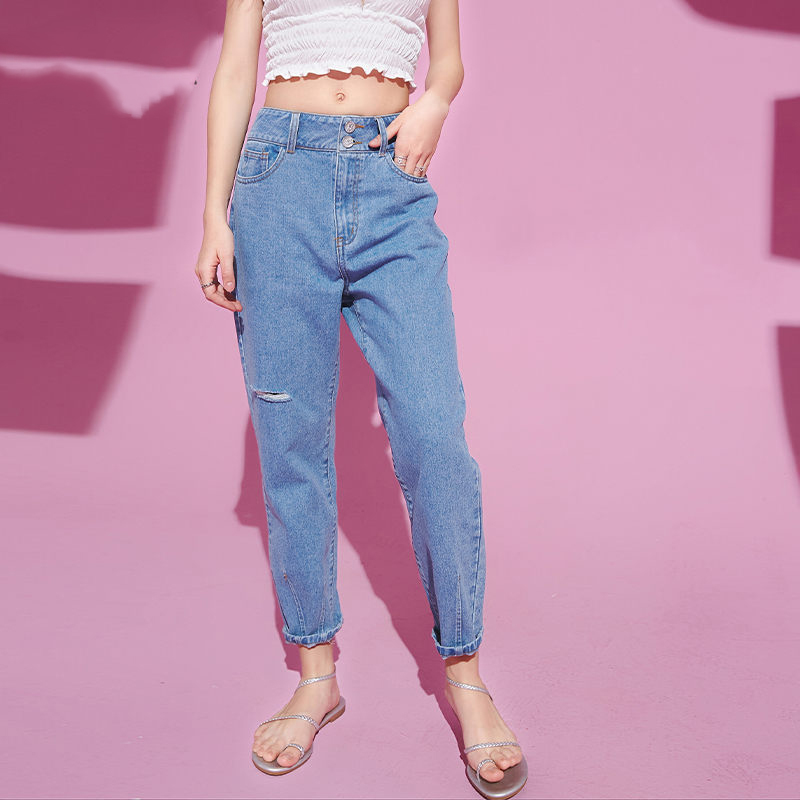 

Blue Solid High Waist Ripped Washed Casual Denim Jeans Woman 2020 Summer Black Pure Korean Ladies Daily Trousers