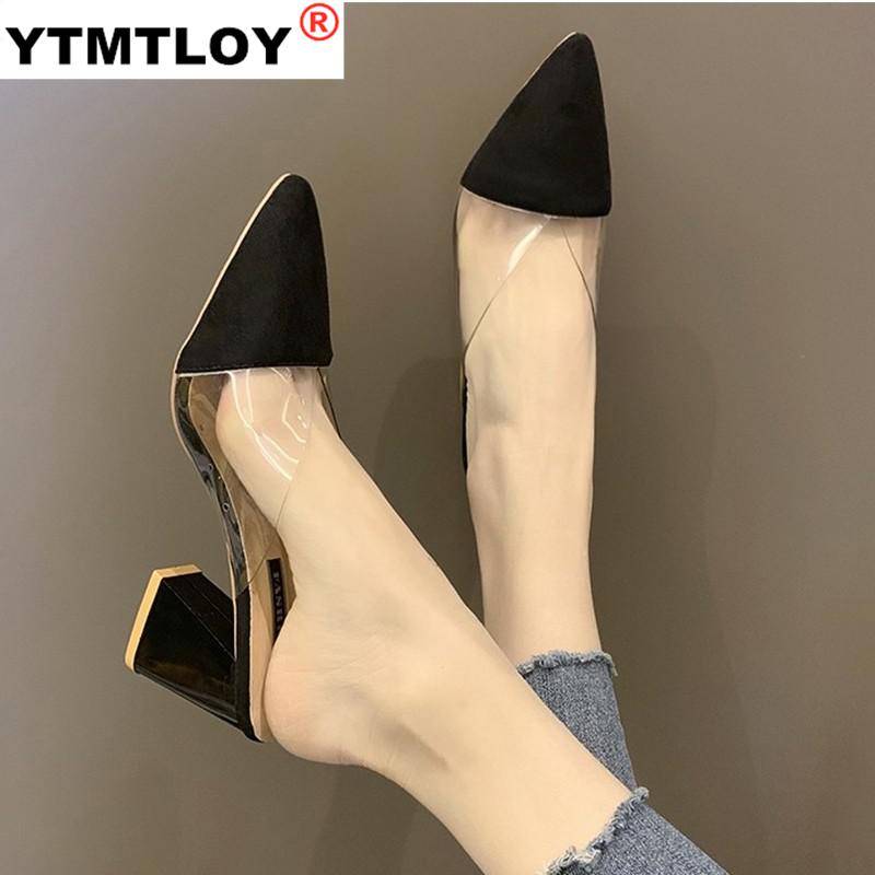 

Flock PVC Sandals Pumps Women High Heels Pointed Toe Block Heel Summer Womens Party Shoes Nude Black Heels Pumps Zapatos Mujer, Beige