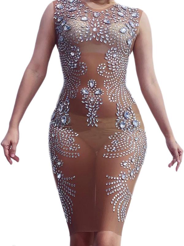 

Luxurious Rhinestones Pearls Mesh Long Sleeve Short Dresses Women Birthday Celebrate Prom Party Dress Singer Performance Outfit, Nude