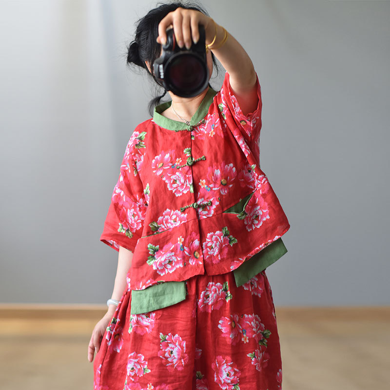 

Women Loose Printed Linen Blouse Female Single Breasted Shirt Tops Female Vintage Flax Shirts 2020 Summer