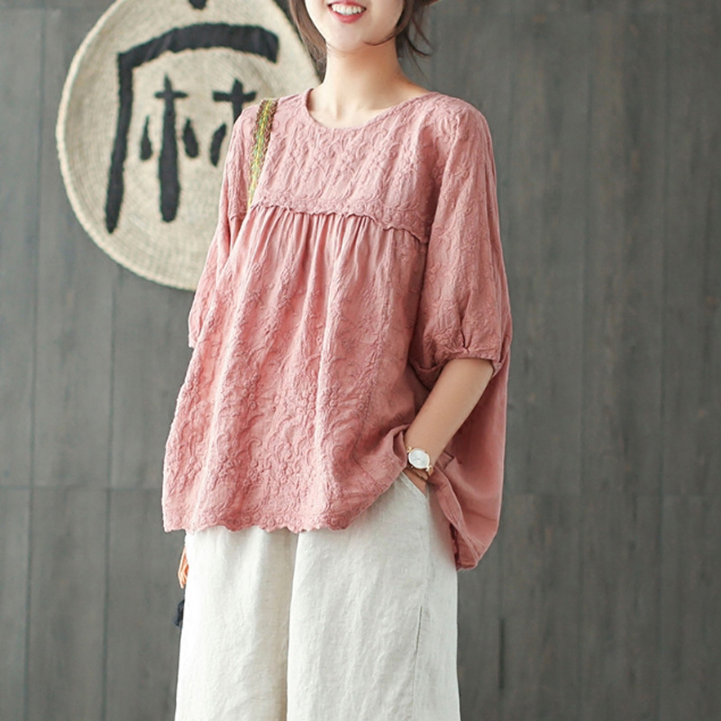 

Johnature Women Embroidery Floral T-Shirts Vintage Solid Color Lantern Sleeve 2020 Summer Casual Cloths Cotton Linen T-Shirts, Pink