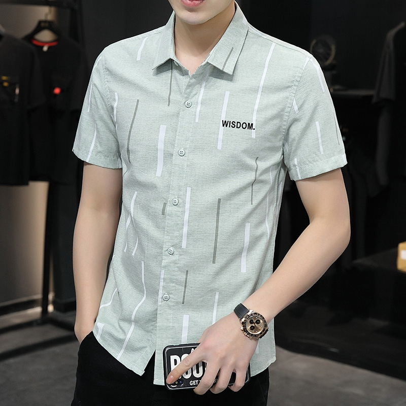 

Summer New Short-Sleeved Shirt Men's Overalls Lapel Casual Bottoming Men's Business Wear Solid Color Plaid Tooling Shirt, As picture color