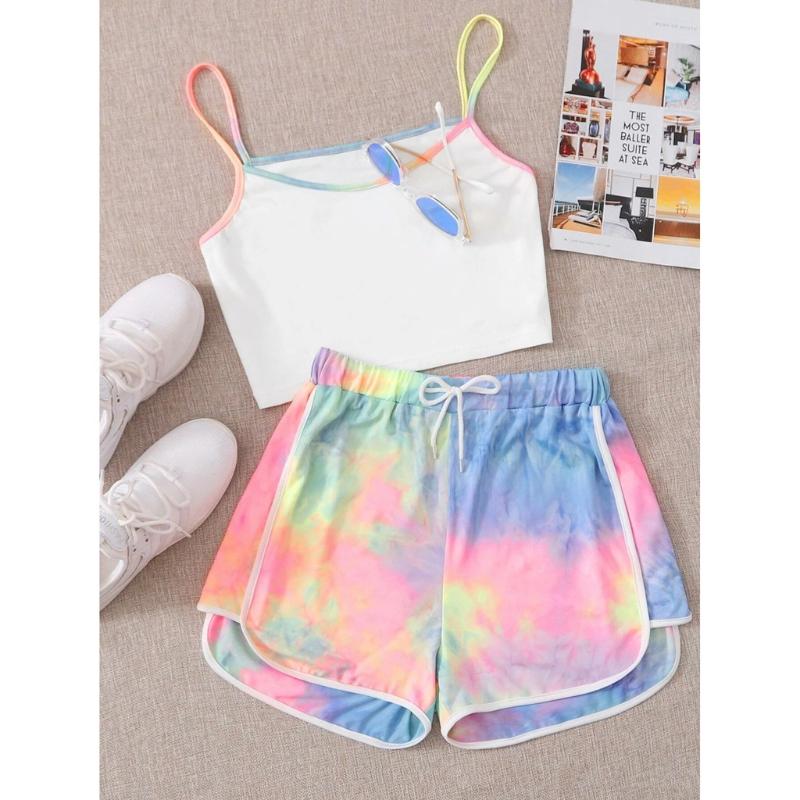 

Women Summer Tracksuit Two Piece Set Womens Sleeveless Strappy Tie-dye Print Cami Top And Shorts Suit Ladies Homewear Suit #3, Multi