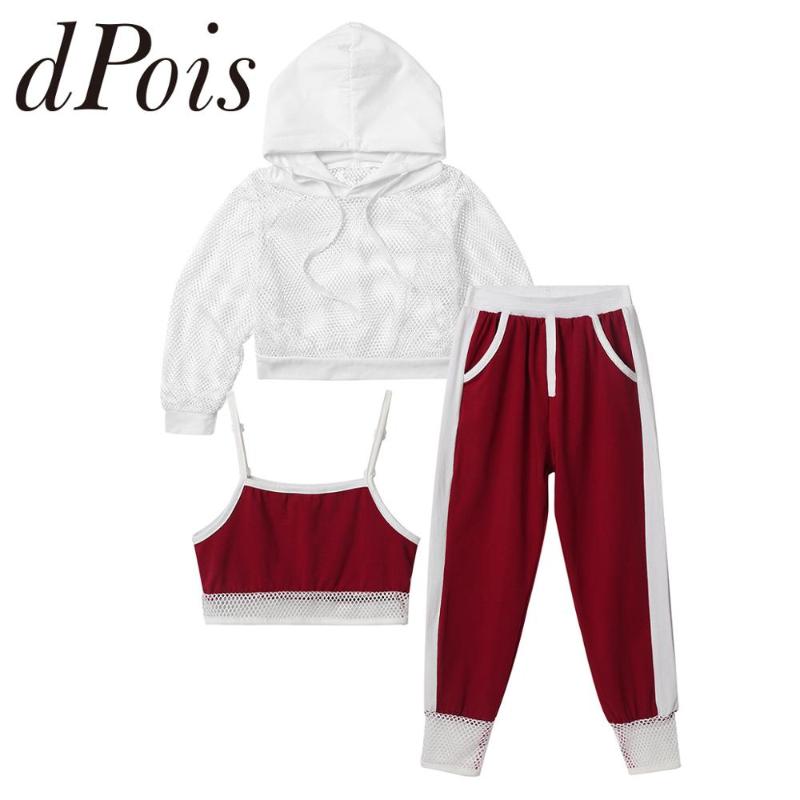 

3PCS Kids Girls Tracksuit Outfits Long Sleeve Hooded Fishnet Tops with Camisole Pants Children Sports Clothing Set Sportswear, Pink