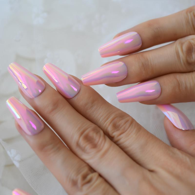 

Chrome Pink Coffin Fake Nails Long Chameleon Mirror Nail Art Tips Princess Dreamy Style Salon Tips 24 Ct, L5577