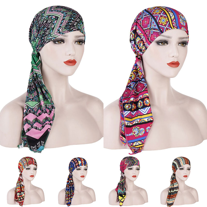 

Musilm Two Long Tail Floral Print Turban Caps Head Wrap For Women Folding Stretch Headwear Turbantes Cotton Hat Hair Accessories