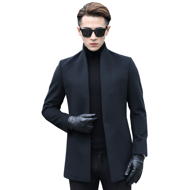 

100% Wool Coat Autumn Winter Jacket Men Woolen Coat Streetwear Windbreaker Outwear Mens Jacket and Abrigo F-XR-17T-43MY1830, Black