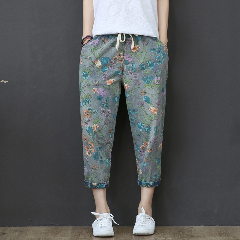 

High Waist Jeans Woman Vintage Loose Summer Denim Pants Floral Print Capri Jeans For Women Short Harem Pants Vaqueros Mujer, Blue