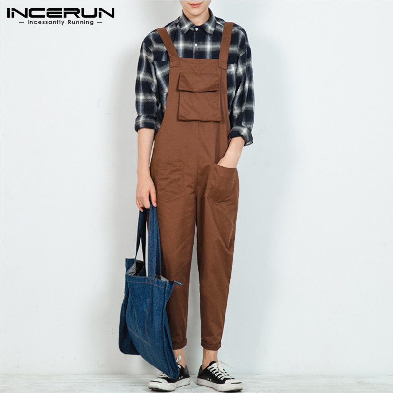 

INCERUN Fashion Men Jumpsuit Pants Solid 2020 Joggers Streetwear Chic Loose Cotton Rompers Straps Suspenders Mens Cargo Overalls, Black