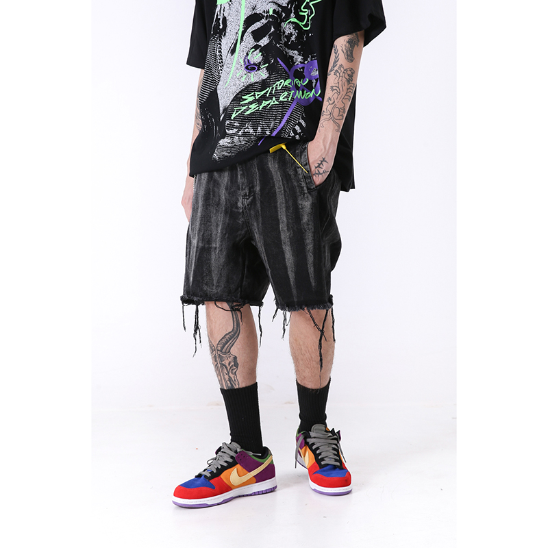 

High Street Tie-Dye Denim Shorts Washed Loose Frayed Five-Pants Retro Rippded Harajuku Wide Leg Hip Hop Jeans Shorts Mens, Black