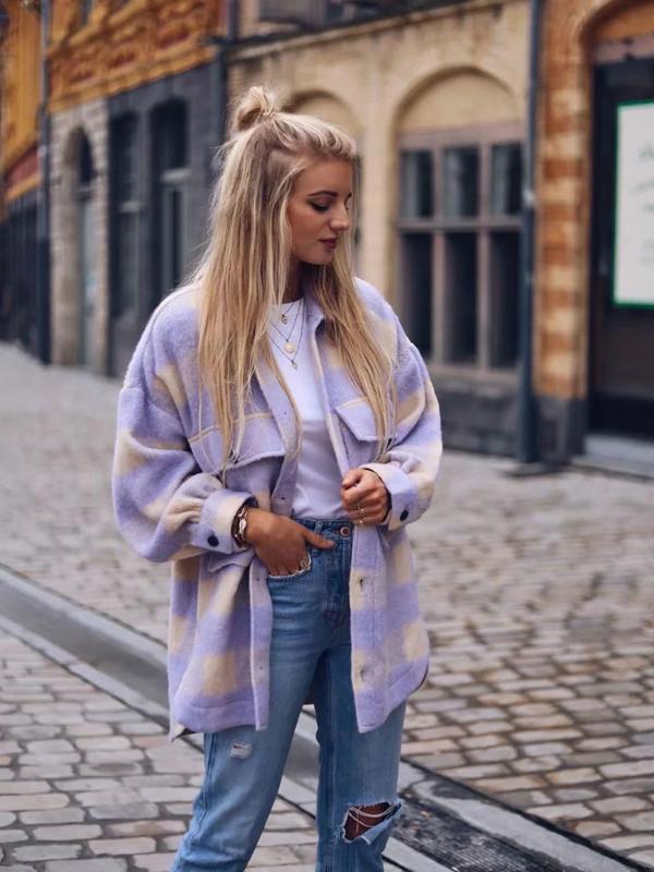 

Stylish Sweet Plaid Woolen Shirt Jackets Women Fashion Pockets Turn-down Collar Check Jacket Cute Girls Chic Coat Streetwear, Pic