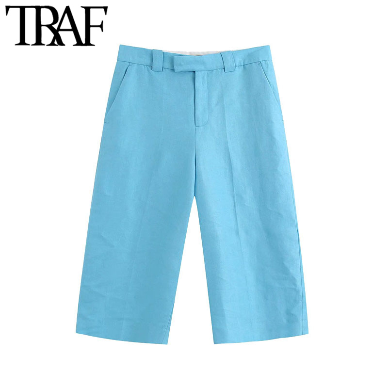 

TRAF Women Chic Fashion Pockets Straight Midi Shorts Vintage High Waist Zipper Female Short Pants Pantalones Mujer, As picture