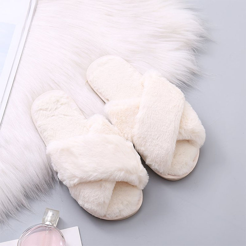 

Women Indoor Plush Slippers Flat Shoes 1Pair Fur Cross Slippers Breathable Comfortable Home Winter Shoes Warm Non-Slip, Beige