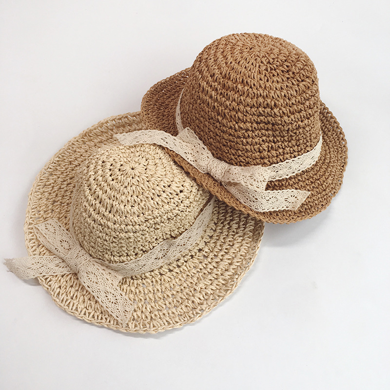 

Handmade Crochet Needle Women's Straw Hat Large Brimmed Hat Folding Beach Seaside Holiday Bow Summer Topee Sun, Beige