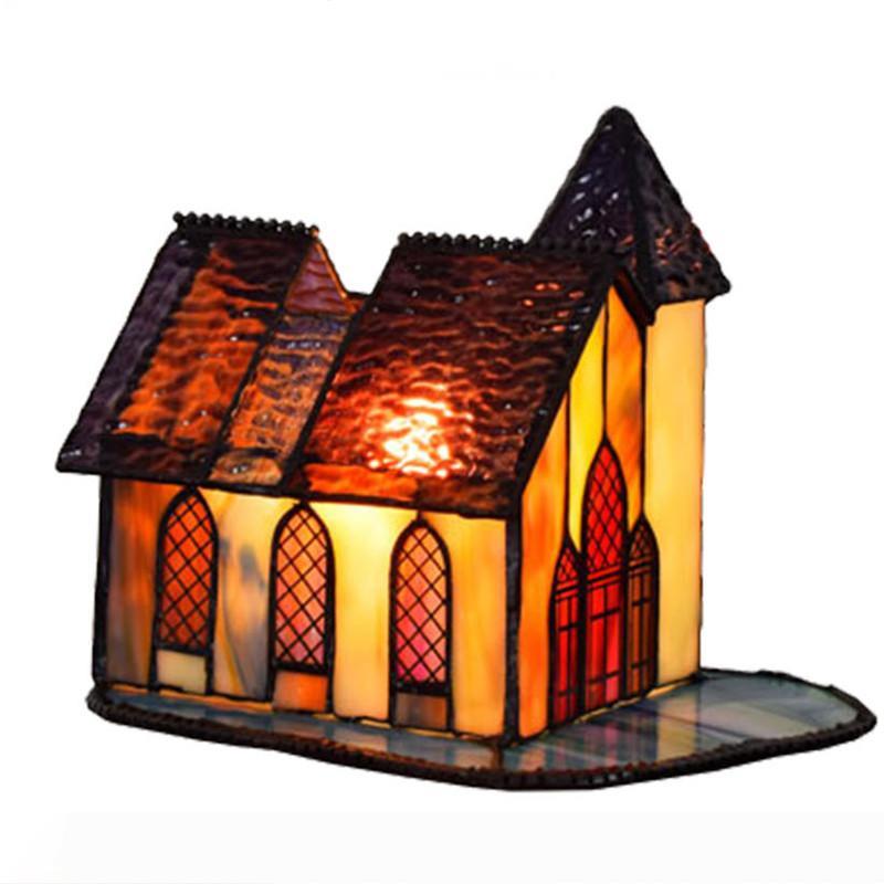 

American creative retro small house glass lamp art bedroom bedside bar night light church Tiffany stained glass table lamp TF041