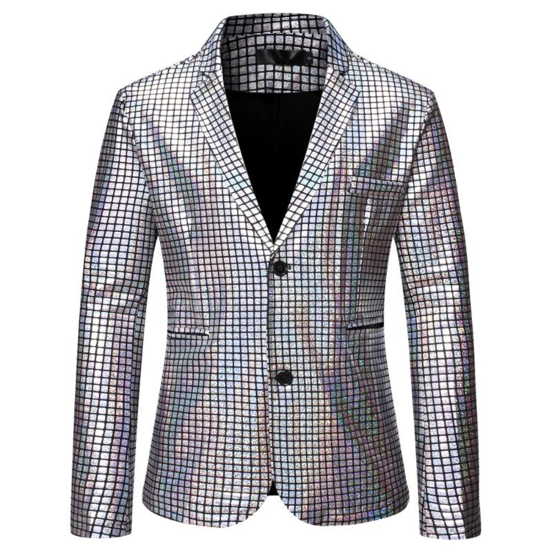 

Mens Silver Plaid Glitter Sequin Blazer Jacket Men 2 Button Gold Suits Disco Nightclub Singer Dancer Stage Performance Prom Coat