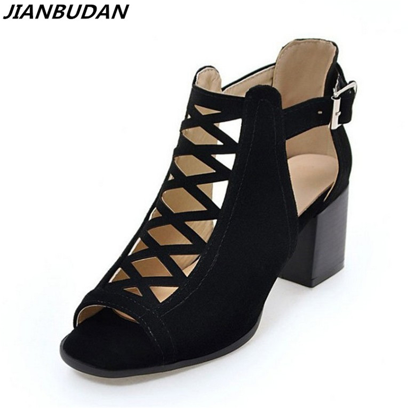 

JIANBUDAN suede fashion hollow female sandals 2020 new fish head high-heeled sandals Romanesque woman shoes Size plus 35-43, Beige