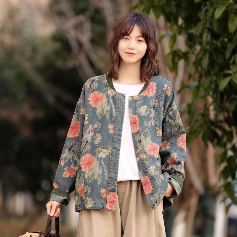 

Women Jacket Denim Print Floral Long Sleeve Vintage Fashion 2020 Spring Winter Big Size Single Breasted Women Coat, Multi