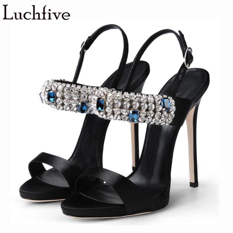 

Satin Crystal High Heel Sandals Woman Narrow band Rhinestone Five Star Embellished Summer Shoes Sexy Gladiator Sandalias Ladies, Black