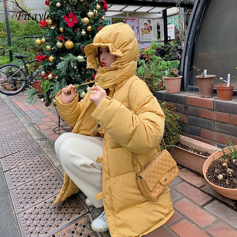 

Fitaylor 2020 New 90% Duck Down Loose Medium Long Coat Warm Snow Outwear Parkas Women New Yellow Winter Hooded Sweet Jacket, Beige