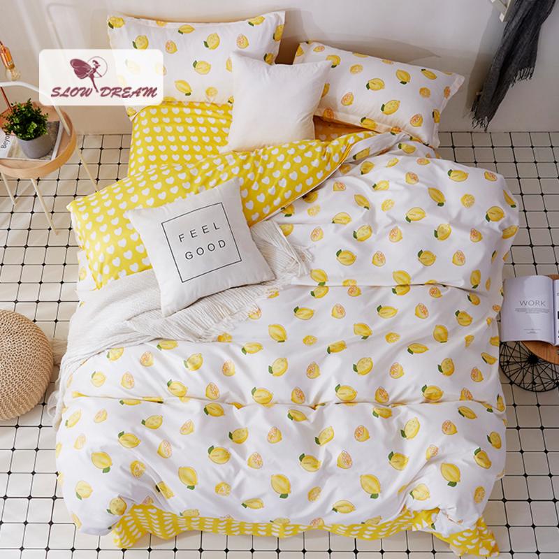 

SlowDream Yellow Lemen Bedding Set Fashion Duvet Cover Flat Sheet Double Queen Bedspread AU King Bed Linen Set Decor Bedclothes