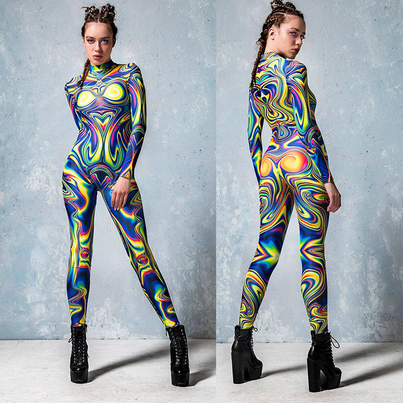 

Painted Print Sexy Tights Gothic Carnival Costumes African Tribe Ethnic Style Jumpsuit Night Club Female Singer Costume DWY4219, As picture