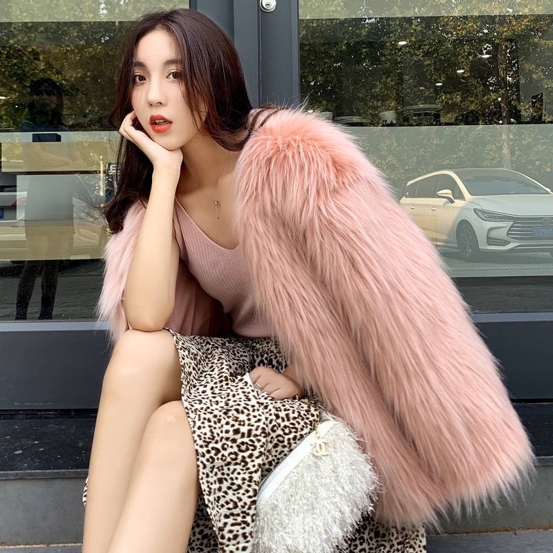 

Winter Fur Coat Women Women' Mid-Length Imitated Fur Knitted Faux Raccoon Coat New Young Fashion, Beige